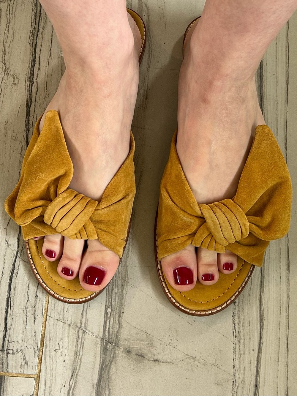 Madewell Suede Half Bow Tan Mustard Slip On Slide Sandals - Picture 7 of 16